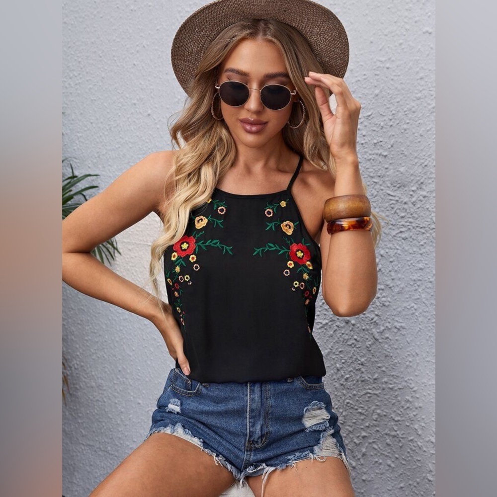 SHEIN Black Floral Embroidered Halter Top XS Boho Summer Cami - Picture 2 of 6